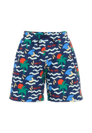 Pantaloncini blu navy con palme verdi, forme di sole rosse, onde bianche, nuvole blu e motivo testuale "BEL ETE", con vita elastica e coulisse.