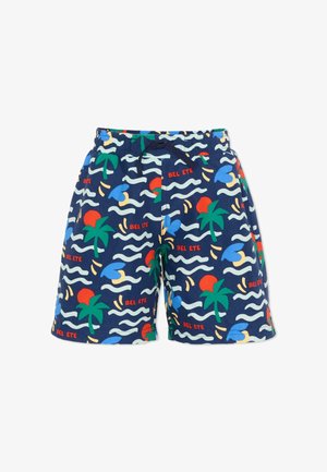 Granatowe szorty z zielonymi palmami, czerwonymi kształtami słońca, białymi falami, niebieskimi chmurami i wzorem tekstowym "BEL ETE", z elastycznym pasem i sznurkiem.