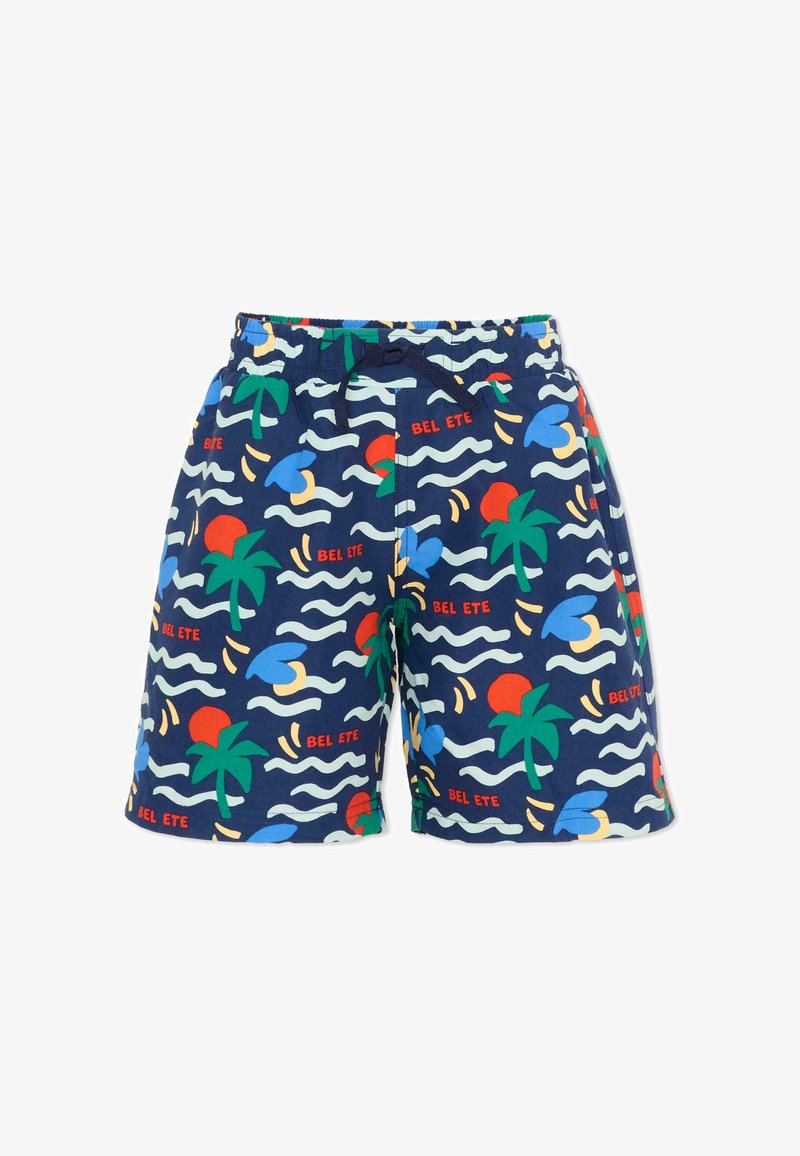 Granatowe szorty z zielonymi palmami, czerwonymi kształtami słońca, białymi falami, niebieskimi chmurami i wzorem tekstowym "BEL ETE", z elastycznym pasem i sznurkiem.
