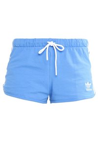 Shorts de sport en coton bleu avec un cordon blanc, présentant un design à trois rayures sur les côtés et un petit logo blanc sur l'ourlet.