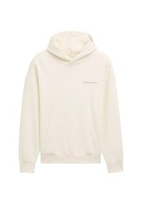 Witte hoodie met een trekkoord, voorzak, geribde manchetten en een kleine print met "DENIM TOM TAILOR" op de borst. Zachte stofstructuur.
