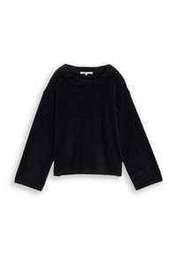 Schwarzes, flauschiges Oberteil mit langen Ärmeln, weitem Ausschnitt und lockerer Passform. Weiche Textur mit verkürzter Länge und tiefen Schulternähten.