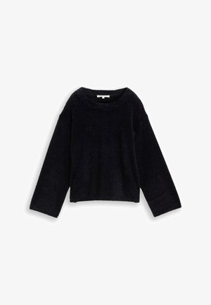 Zwarte, fluffy, lange mouw top met een brede halslijn en een losse pasvorm. Zachte textuur met een cropped lengte en verlaagde schoudernaden.