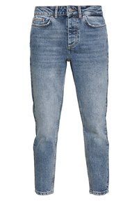 Light blue denim jeans with a fitted design. Features include five pockets, a waistband with belt loops, and a slightly tapered leg.
