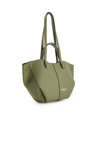 Sac fourre-tout olive en matériau lisse avec une forme structurée, doté de poignées doubles et d'un accent logo doré.