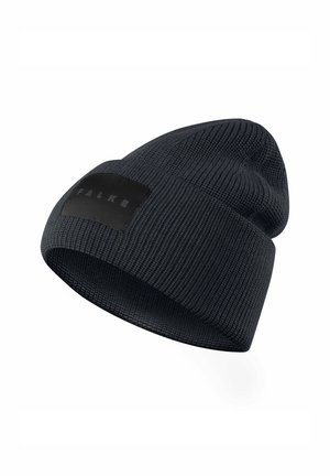 Ciemnoniebieska narzucona czapka z dzianiny o prążkowanej fakturze i czatym logo z napisem "FALKE" z przodu. Miękki, elastyczny materiał.