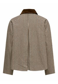 Veste à carreaux marron et beige avec manches longues et col marron foncé, vue de dos sur fond blanc.