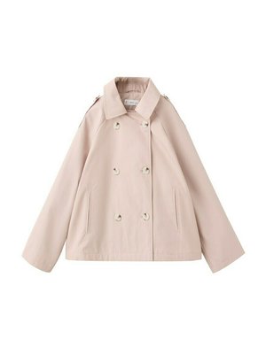 Beige double-breasted trench coat with wide collar, button details on shoulders, and side slit pockets, displayed flat on white background.