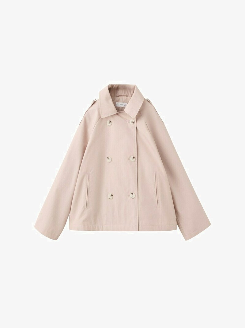 Trench coat doppiopetto beige con colletto ampio, dettagli con bottoni sulle spalle e tasche laterali con spacchi, mostrato disteso su sfondo bianco.