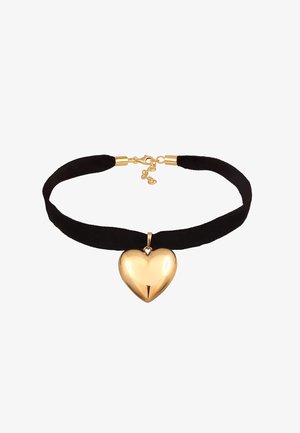Collier ras-du-cou en velours noir avec un pendentif doré brillant en forme de cœur et un fermoir doré avec chaîne réglable.