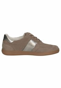 Hellbraune Wildledersneaker mit silbernen Akzenten und gestepptem Detail. Verfügt über eine runde Zehenpartie, Schnürsenkel und eine flexible Gummisohle.