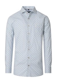 Light blue long-sleeve shirt with a geometric pattern, featuring a button-down front and brown buttons. Made of woven fabric with a smooth texture.