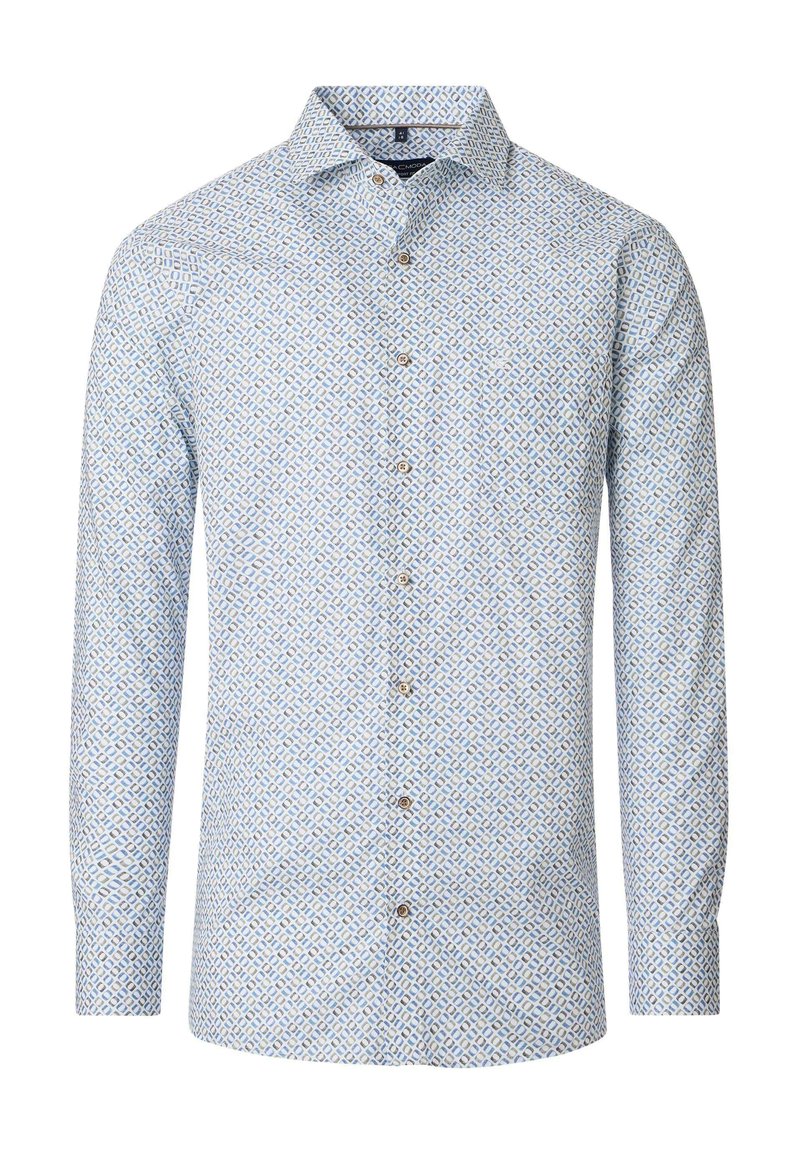 Light blue long-sleeve shirt with a geometric pattern, featuring a button-down front and brown buttons. Made of woven fabric with a smooth texture.