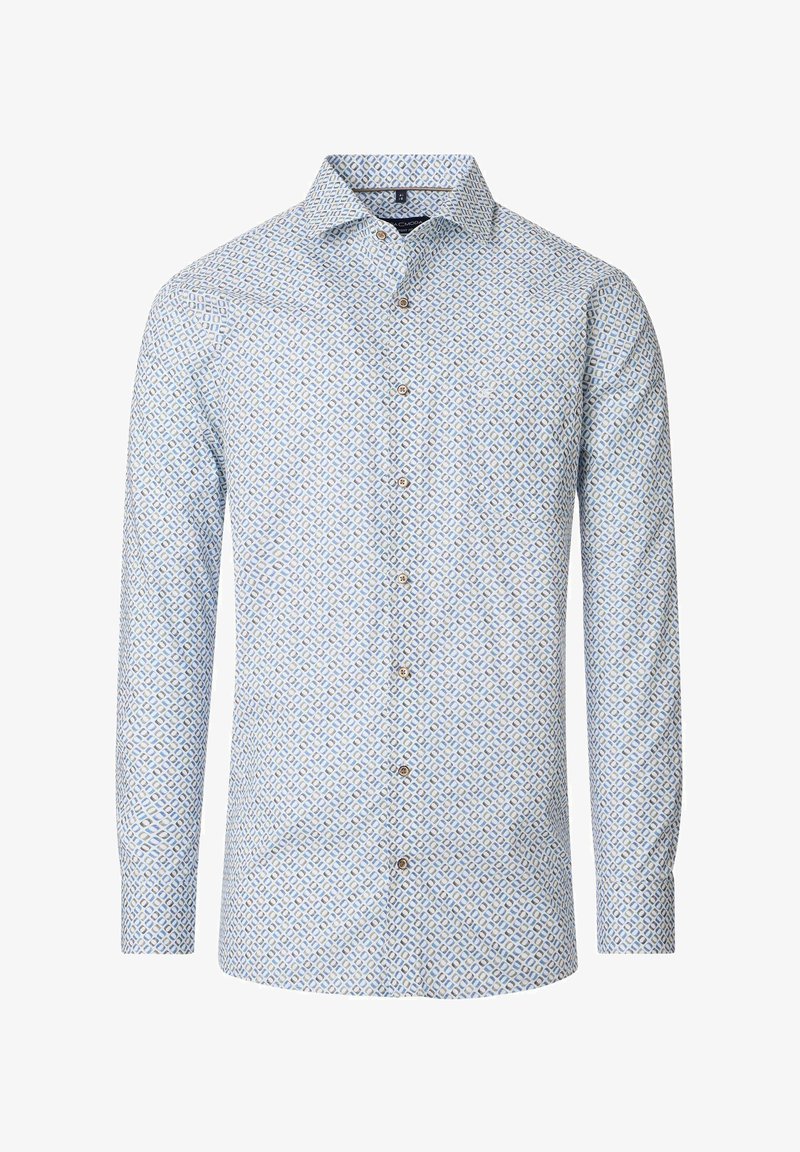 Light blue long-sleeve shirt with a geometric pattern, featuring a button-down front and brown buttons. Made of woven fabric with a smooth texture.