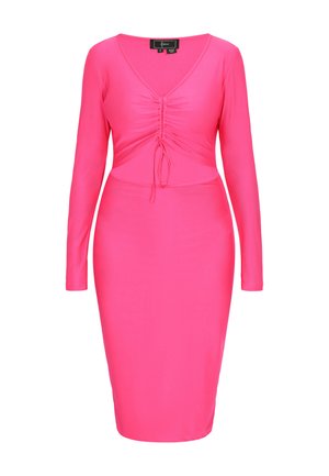 Robe moulante à manches longues rose vif avec décolleté en V, détails froncés à l'avant, cordon de serrage et ourlet à hauteur du genou.