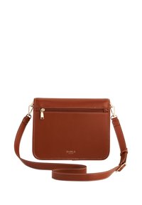 Smeđa kožna torba preko tijela s glatkom teksturom, s dodatnim džepom na patentni zatvarač i odvojivim remenom. Akcenti u zlatnoj boji.