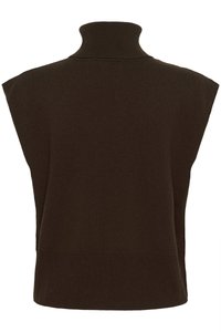 Brown knitted turtleneck sweater with wide armholes, fitted with ribbed neck and bottom hem. Soft texture, simple design, no patterns or embellishments.