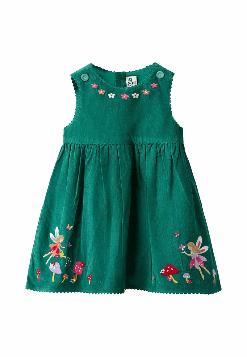 Grünes ärmelloses Kleinkindkleid mit floralem Stickerei am Ausschnitt und Feen- sowie Pilzstickerei entlang des unteren Saums.