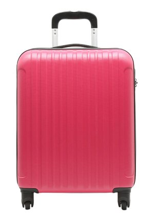 Hard-shell suitcase in bright pink, featuring vertical ribbed texture, telescopic handle, and four black wheels for mobility.