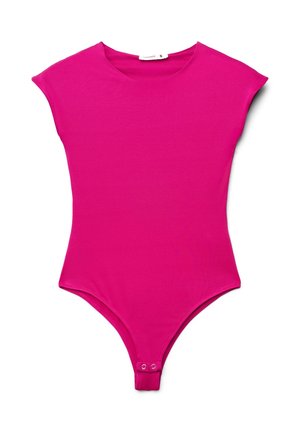 Body attillato color rosa brillante con maniche corte a cappuccio, scollatura tonda e chiusure a scatto all'inguine.