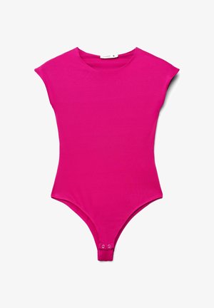 Body attillato color rosa brillante con maniche corte a cappuccio, scollatura tonda e chiusure a scatto all'inguine.