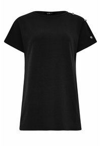 Black short-sleeve t-shirt made from textured fabric. Features rounded neckline and three metallic button accents on the shoulder.