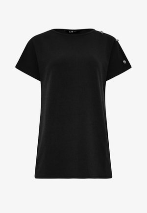 Sort kortærmet t-shirt lavet af tekstureret stof. Har rund halsudskæring og tre metalliske knapdetaljer på skulderen.