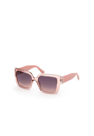 Square sunglasses with a translucent pink frame and gradient dark gray lenses. Accented with logo detail on the temples.