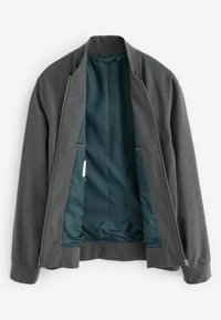 Graue Bomberjacke aus strukturiertem Material, mit vollem Reißverschluss, gerippten Bündchen und einem kontrastierenden, türkisfarbenen Innenfutter mit einem Musterdesign.