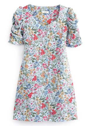 Vestito con stampa floreale, maniche corte a palloncino, sfondo azzurro chiaro, bottoni sul davanti, caratterizzato da una combinazione di fiori rossi, gialli e blu.