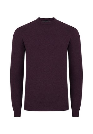 Sweter typu pulower, ciemnofioletowy, długie rękawy, okrągły dekolt, ściągacze na mankietach i dole, miękka dzianina, minimalistyczny design bez dodatkowych wzorów.