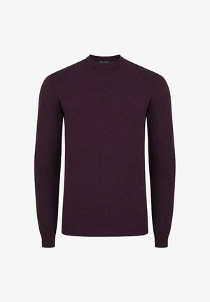 Sweter typu pulower, ciemnofioletowy, długie rękawy, okrągły dekolt, ściągacze na mankietach i dole, miękka dzianina, minimalistyczny design bez dodatkowych wzorów.