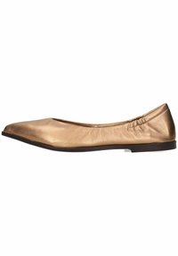 Scarpa piatta in bronzo realizzata in materiale sintetico liscio, con punta affusolata e suola flessibile, caratterizzata da un design minimale senza dettagli e accenti.