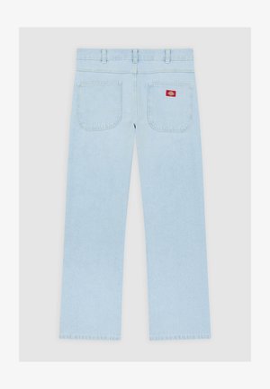 Light blue straight-leg denim jeans shown from the back with two patch pockets and a red logo tag on the right pocket.