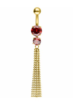 Goldener Bauchnabelring mit zwei roten Edelsteinen und mehreren goldenen Kugelketten, die als Quaste herunterhängen.