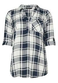 Camisa de cuadros en azul marino y blanco con escote en V, un bolsillo en el pecho y mangas enrolladas sujetas por botones. Hecha de tela ligera.