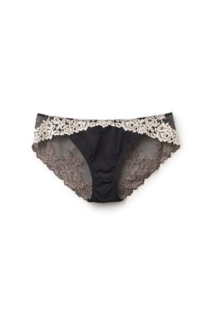Black women's underwear with beige floral lace trim and semi-sheer lace panels on the sides against a white background.
