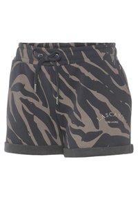 Pantaloni corti a stampa zebras nera e marrone realizzati in tessuto morbido, con vita elasticizzata e cordoncino, e risvolti.