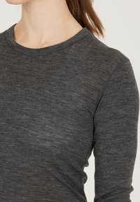 Grijze long-sleeve top gemaakt van gestructureerde stof. Heeft een ronde hals en subtiele stikaccenten langs de schouders.