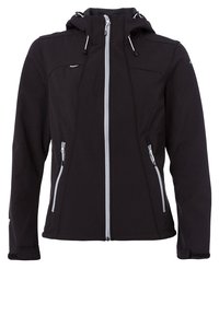 Sort hættejakke lavet af blødt stof med grå lynlåse. Har to frontlommer og elastiske manchetter for en tætsiddende pasform.