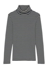 Sort og hvid stribet rullekravebluse, ribbet tekstur, lange ærmer, tætsiddende design med høj krave, der har jævnt fordelte vandrette striber.