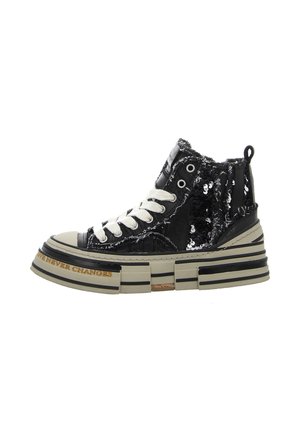 High-top sneakers with black patent leather and sequin accents. Thick, layered sole features a beige base with black stripes and text detail.
