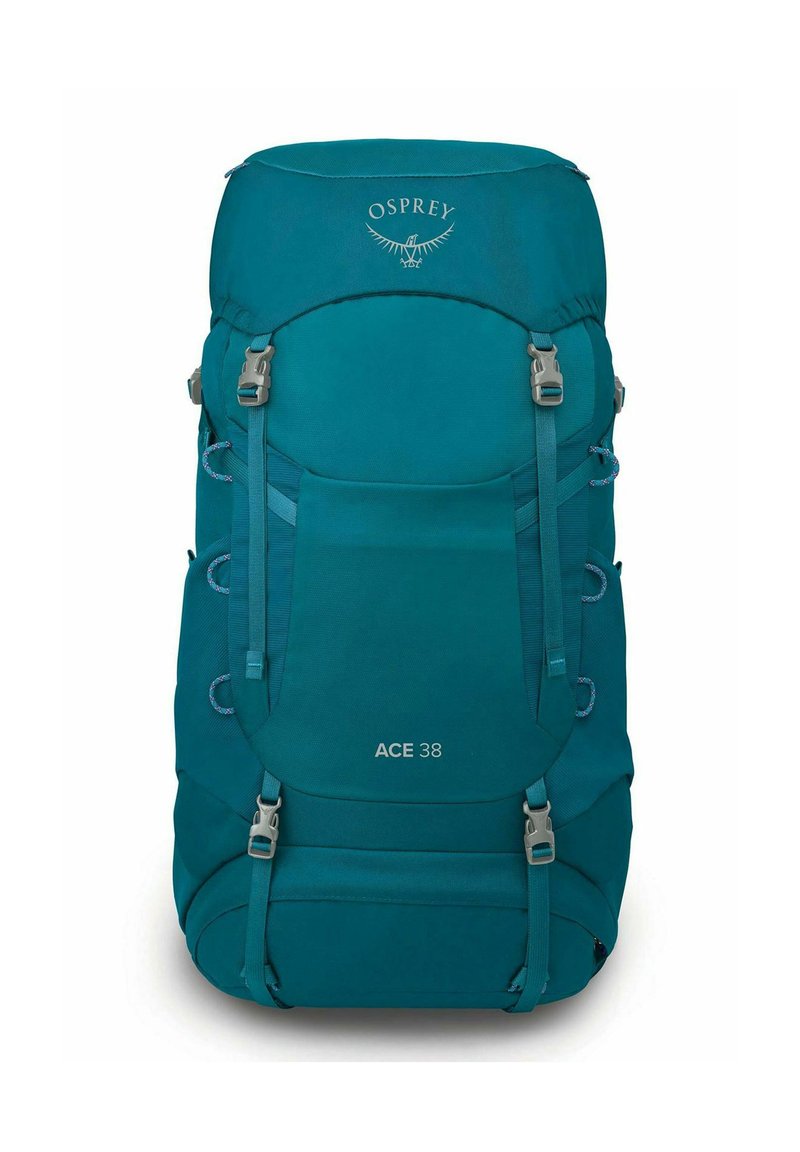 Turkooise wandelrugzak met Osprey-logo, 38 liter capaciteit, meerdere banden, ritsen en netvakjes voor opslag en toegankelijkheid.
