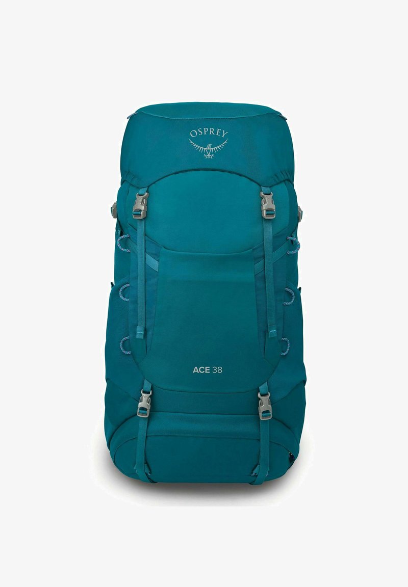 Turkooise wandelrugzak met Osprey-logo, 38 liter capaciteit, meerdere banden, ritsen en netvakjes voor opslag en toegankelijkheid.