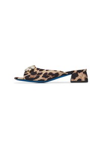 Leopard-print open-toed mule with a low heel, featuring a crystal accent on the front and a contrasting blue outsole.