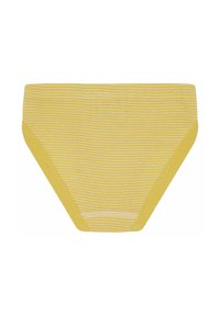 Slip di bikini a righe gialle con una texture liscia, caratterizzato da una vita ampia e gambe alte per una vestibilità comoda.