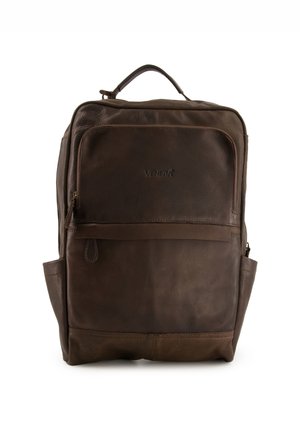 Brown leather backpack with a textured surface, featuring a front zip pocket and side pockets. Sturdy handle on top, minimal branding.