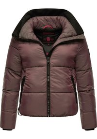 Padded jacket in dark mauve with a high collar, black accents, and a front zipper. Features ribbed cuffs and two side pockets.