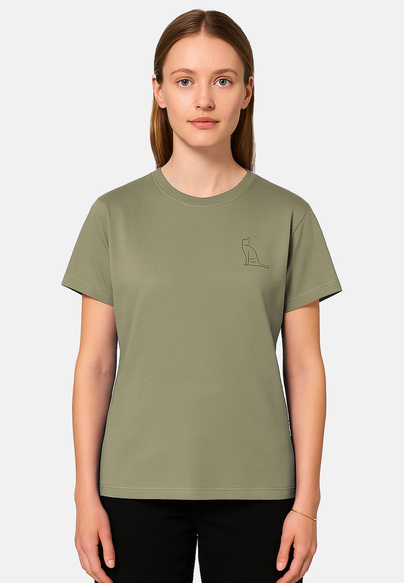 Olive green cotton t-shirt with short sleeves and a round neckline; features a simple cat silhouette embroidered in a darker shade.
