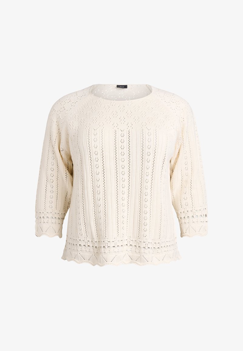 Krémový pletený sveter s tromištvrte rukávmi, s jemnými čipkovanými vzormi a vlnkovaným lemom na spodku a na manžetách.